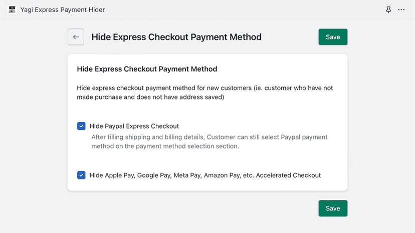 Configuration interface to hide express checkout payment methods