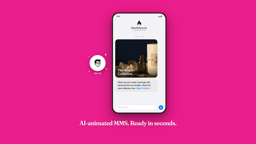 AI-generated MMS preview with animated product hero on iPhone