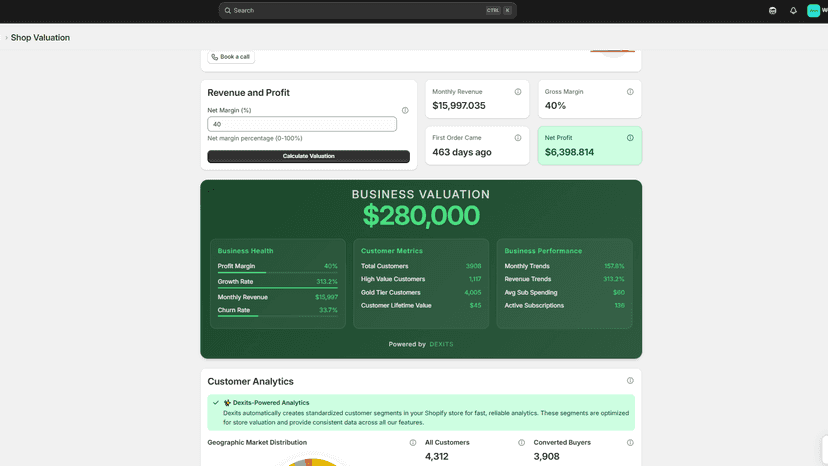 After clicking generate valuation, displays value and benchmarks