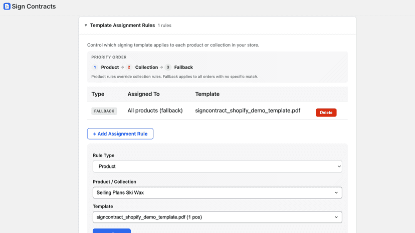 Assign contract templates to products