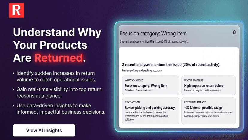 AI insights panel highlighting return issues and recommendations