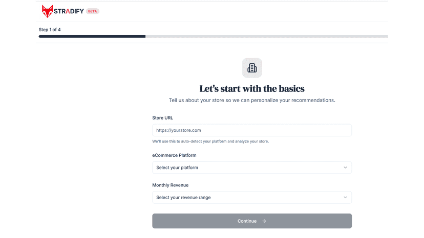 Stradify onboard user data for store connection and action plan.