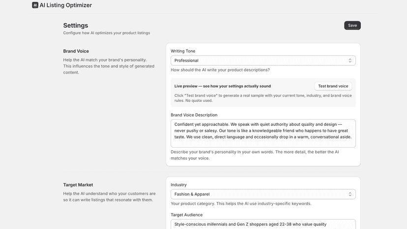 Brand voice settings with live AI preview button