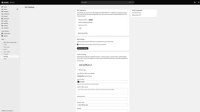 GST settings screen with registration, logo and colour