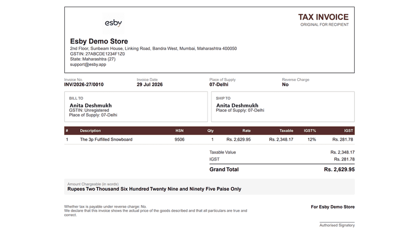 GST tax invoice PDF with GSTIN, HSN code and IGST total