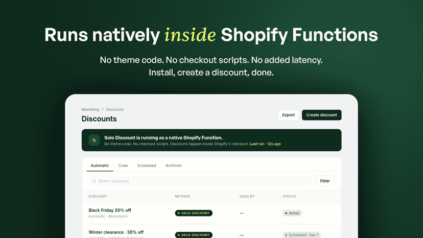 Solo Discount running as a native Shopify Function