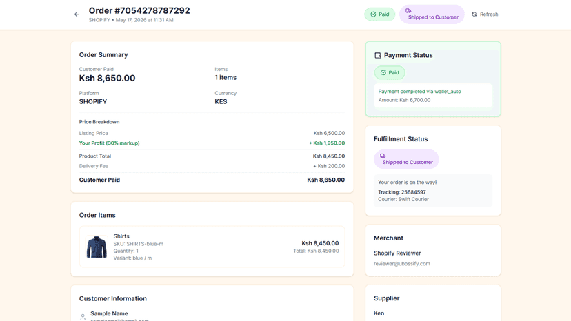 Full order view with payment breakdown and fulfillment status