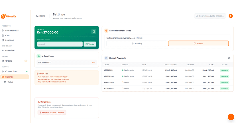 Manage wallet balance, top-ups and fulfillment mode