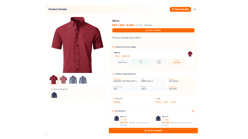 Browse products with variants and push to Shopify store