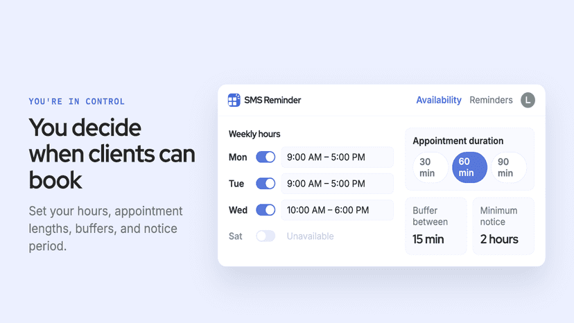 Availability settings: hours, durations, buffers, and types