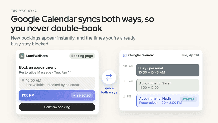Booking page and Google Calendar syncing appointments both ways