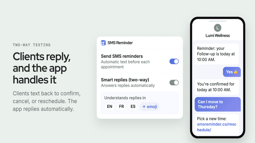 Two-way texting settings and a phone with a client reply thread