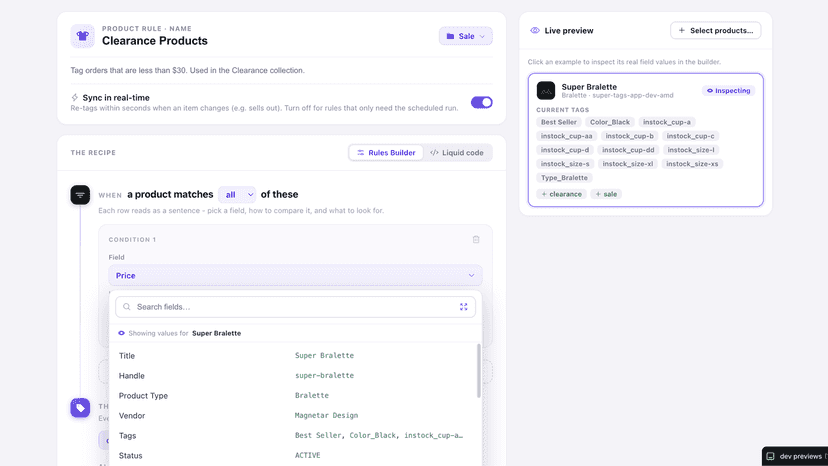 Visual Rule Builder, previewed products data shows in the editor