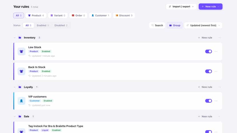 Overview of app rules page, shows the grouping of rules