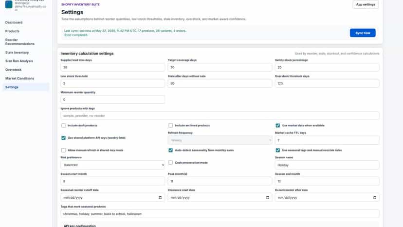 Inventory Analytics settings configuration