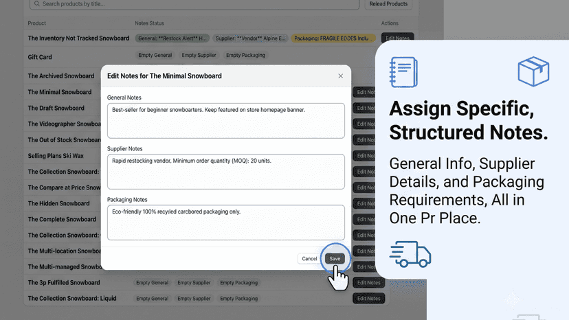 Add structured private notes for General, Supplier & Packaging.