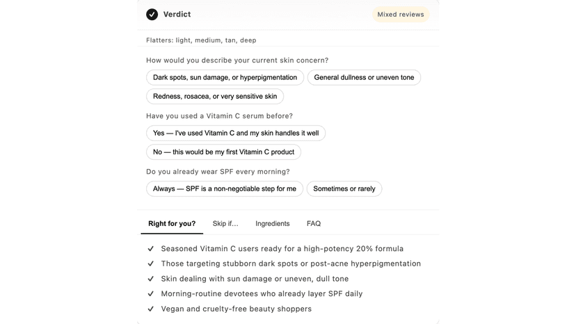 Verdict AI panel showing Perfect for you bullets on a Shopify pr