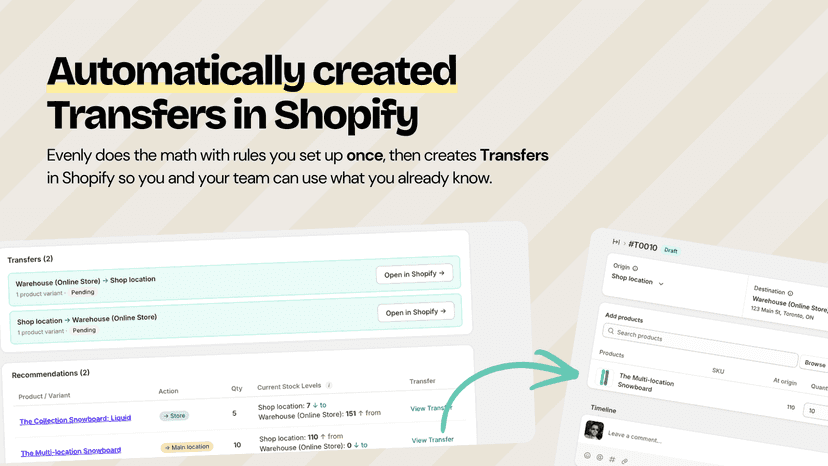 Evenly automatically creates Transfers in Shopify.