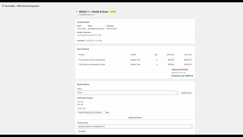 Quote request management and draft order creation