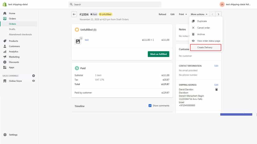 Orders screen with app button