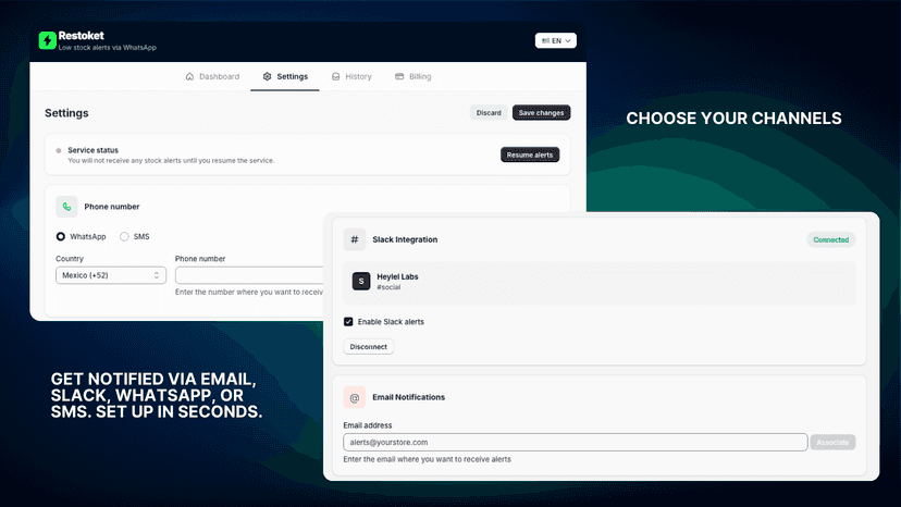 Settings page with WhatsApp, Slack, and Email channel setup