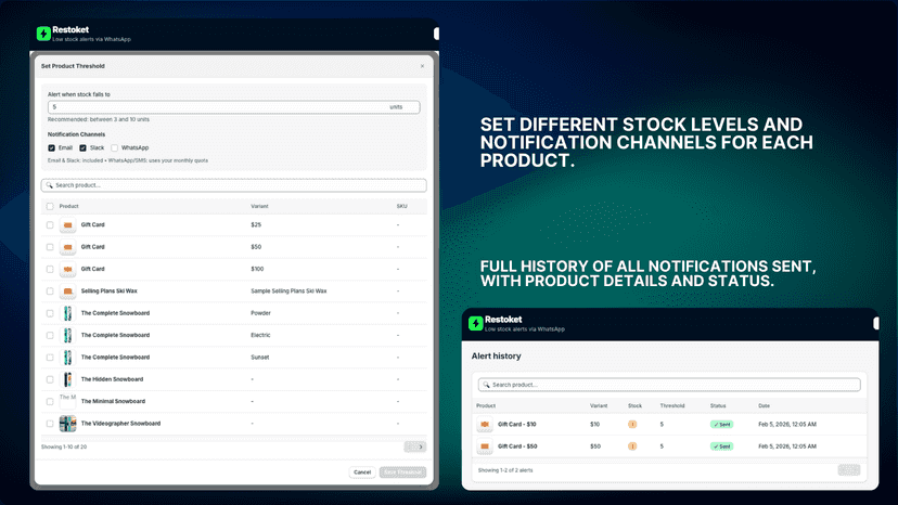 Product threshold modal with channel selection and product list