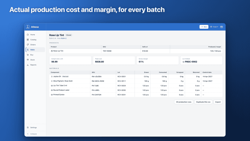 Closed production run: materials by lot, actual cost