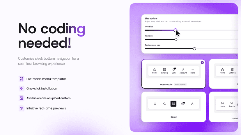 Easy no-code menu customization with icons, templates & preview