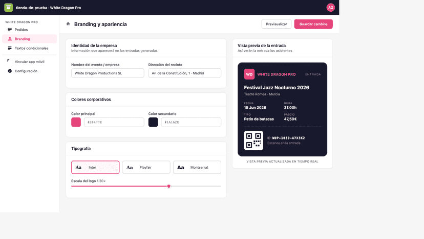 Personalización de branding y vista previa de entrada