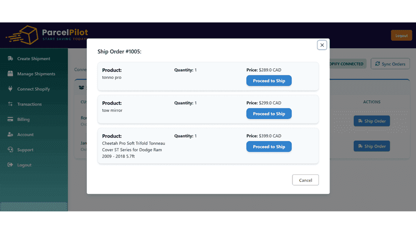 Select the order line item to be shipped