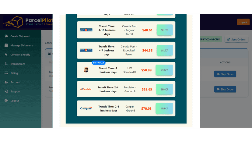 Select a courier rate