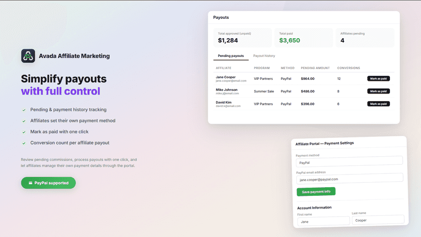 Payout management with mark-as-paid and PayPal setup
