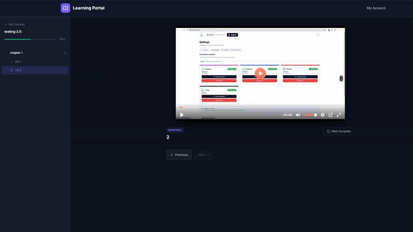 Student course portal with progress tracking and video player