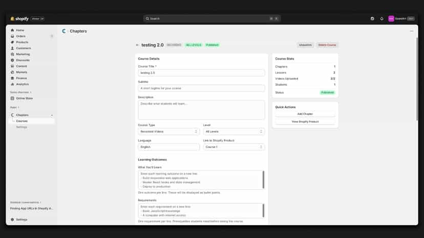 Course editor with chapters, lessons, and video uploads