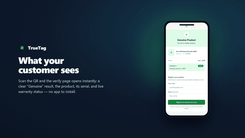 Mobile verify page: genuine product with active warranty
