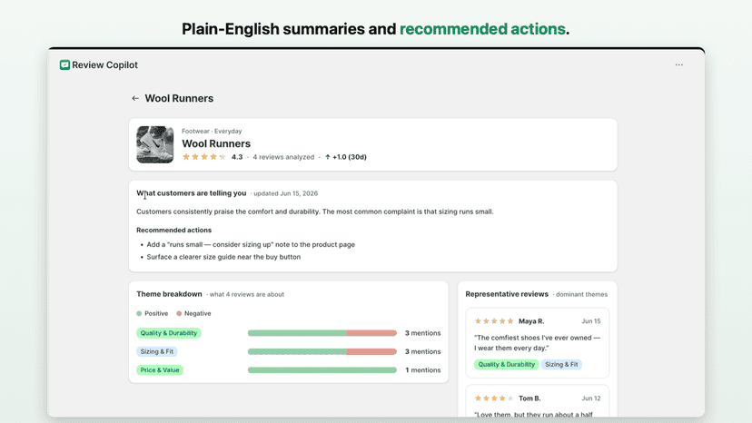 AI review summary, recommended actions, a theme breakdown