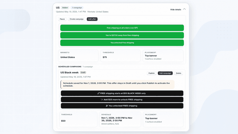 Scheduled free shipping campaign with draft preview