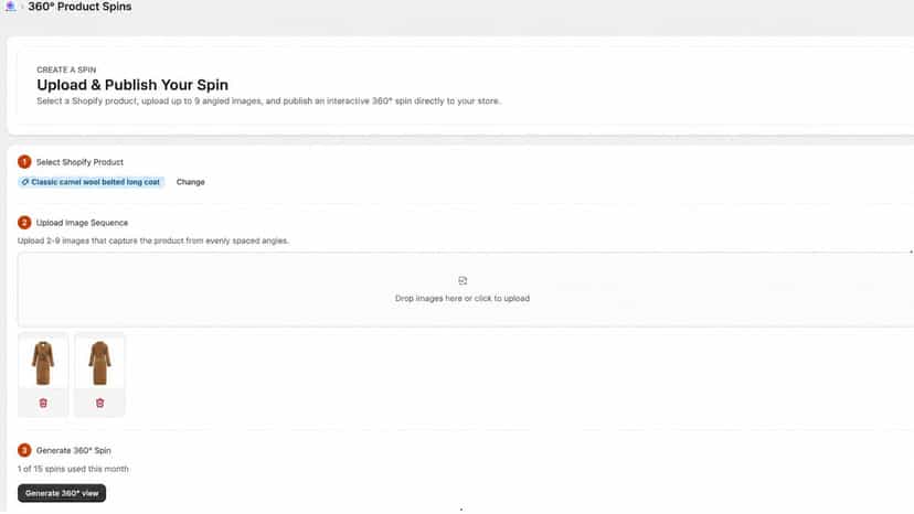 select a product, upload angled images, then generate
