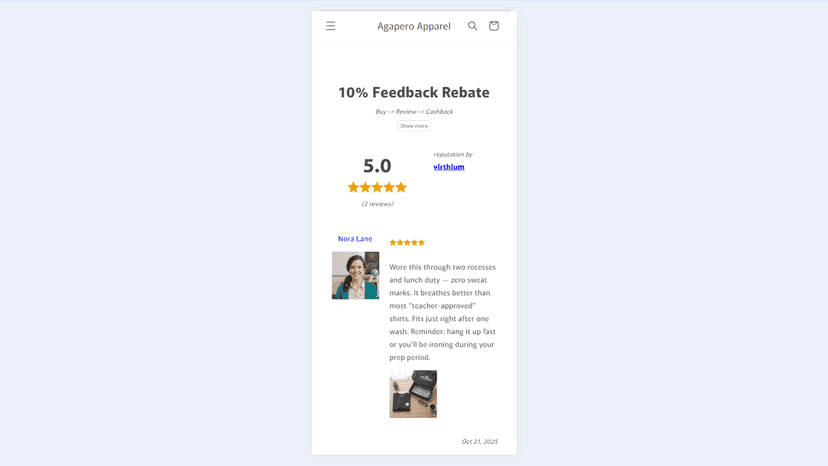 mobile product with feedback rebate and reviews widget