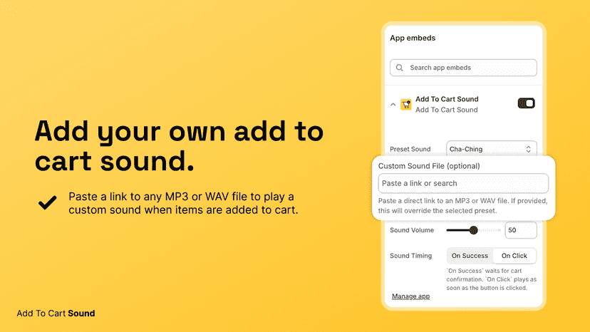 Add a custom MP3 or WAV sound for Shopify add-to-cart actions