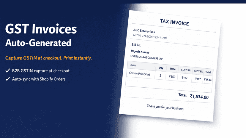 GST invoices auto-generated with GSTIN capture at checkout for I
