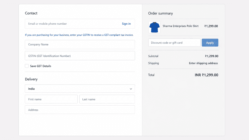Shopify checkout showing GSTIN and company name input fields for