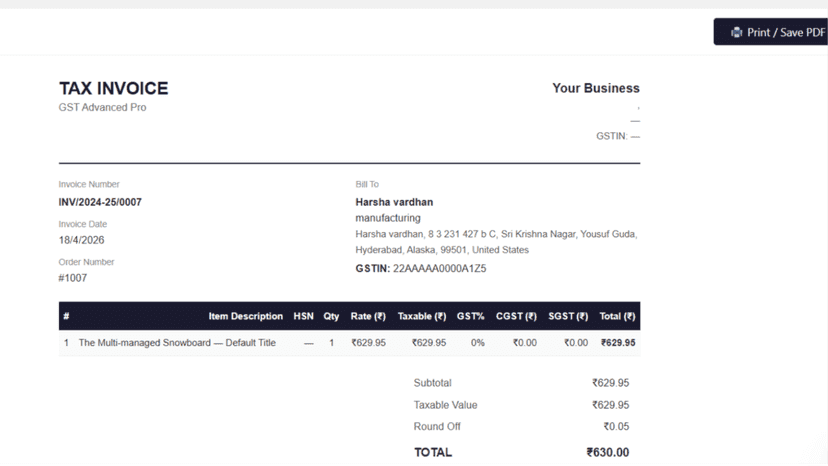 TAX INVOICE PDF with CGST, SGST breakdown and customer GSTIN det