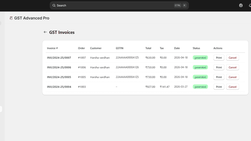 GST Invoices dashboard showing invoice list with GSTIN, status a