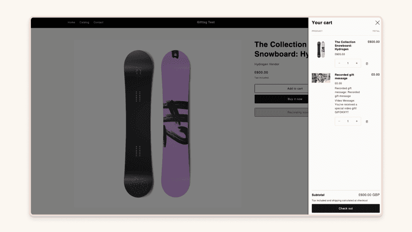 Video message added to the cart