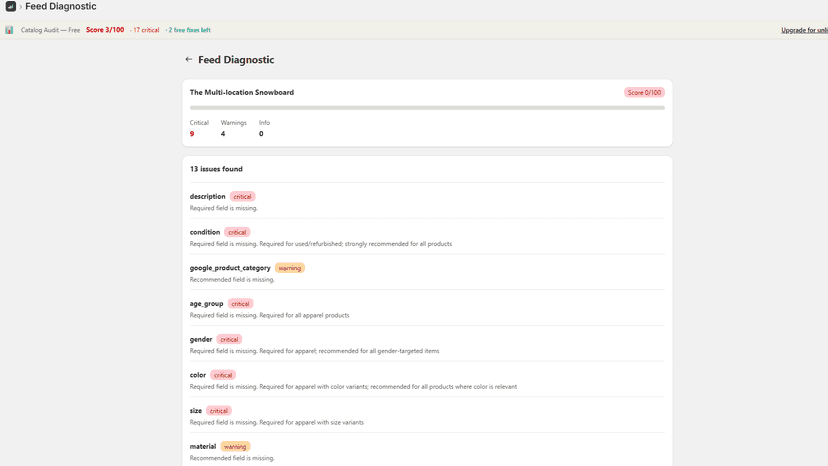 Per-product feed issue list with fix recommendations
