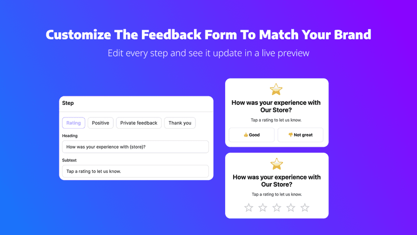 Feedback form editor with live preview of rating steps