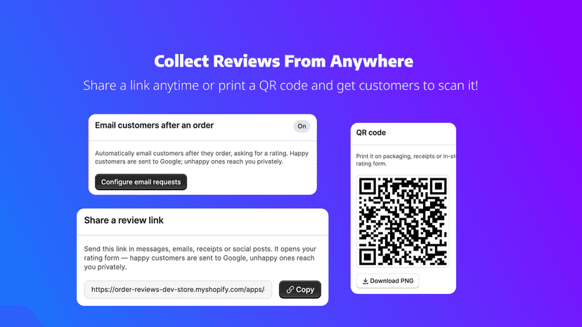 Collect reviews via email, share link and QR code