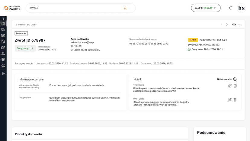 Szczegóły zwrotu - informacje o kliencie i zwrocie