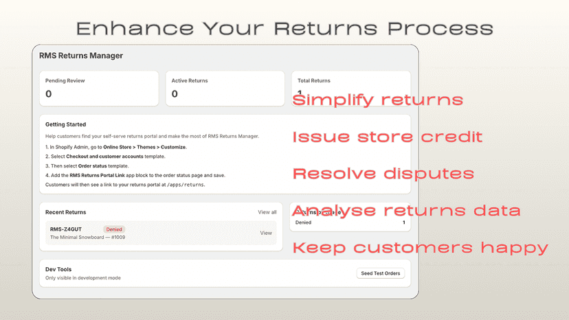RMS Returns Manager homepage